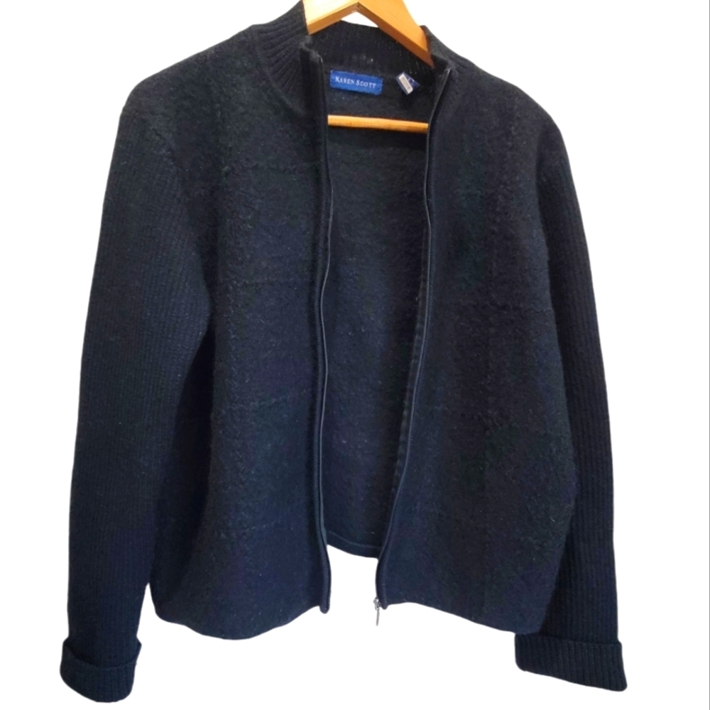 Large KAREN SCOTT 100% Wool Zip-Up Long Sleeve Sweater Cardigan EUC